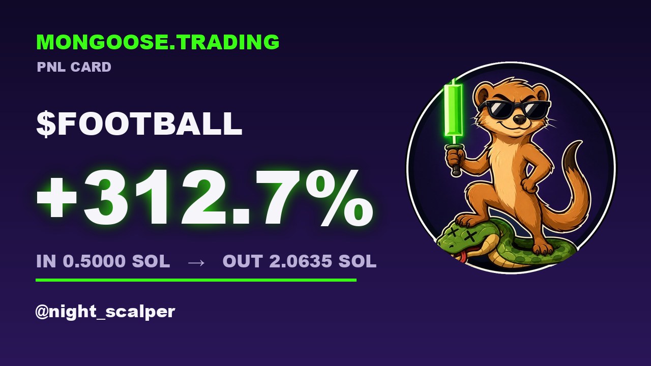 A Mongoose PnL card titled mongoose.trading showing +312.7% on $FOOTBALL